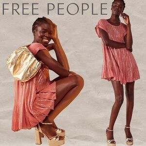 Free People Mint Julep Mini Dress Coral Peach Gold Sequins Striped Embellished S